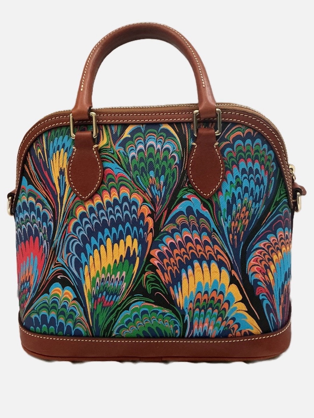 Dooney & Bourke Multicolor Peacock-Print Satchel with Brown Leather Trim - Picture 2 of 8